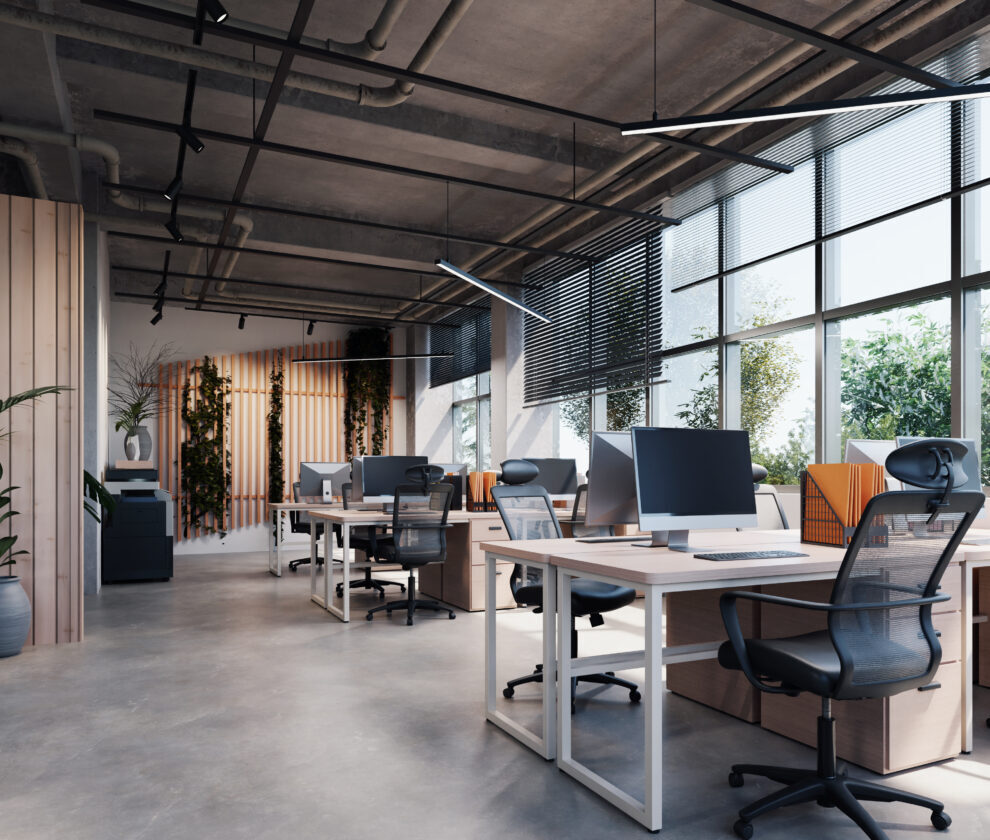 modern style Office with exposed concrete Floor and a lot of pla