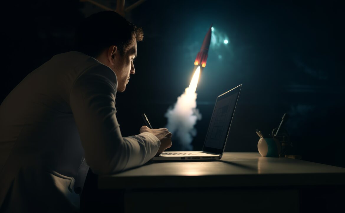 Businessman laptop rocket idea. Generate Ai