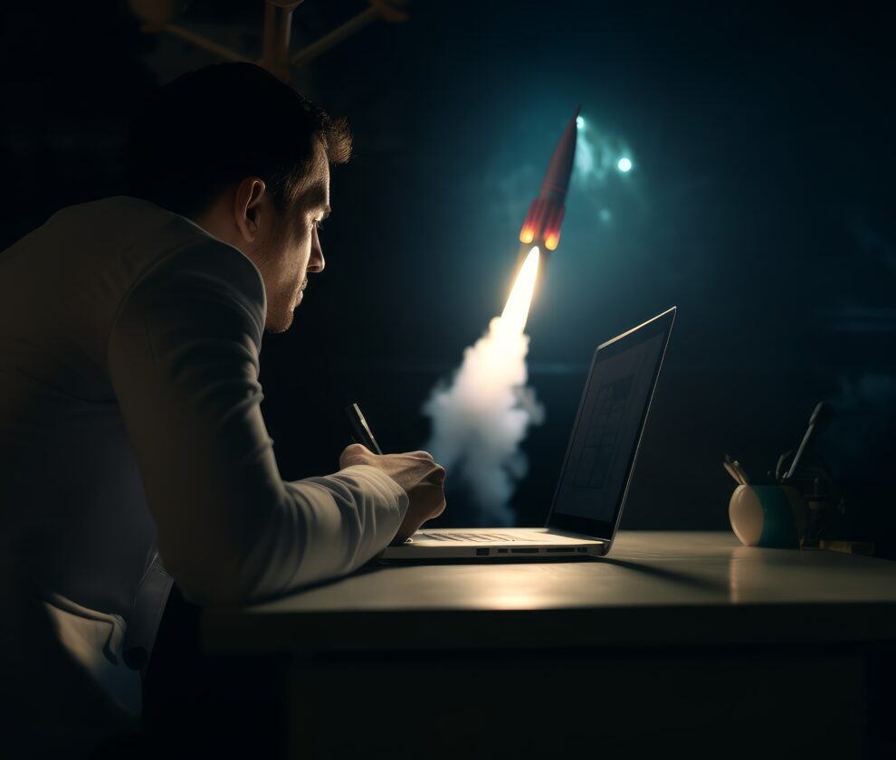 Businessman laptop rocket idea. Generate Ai